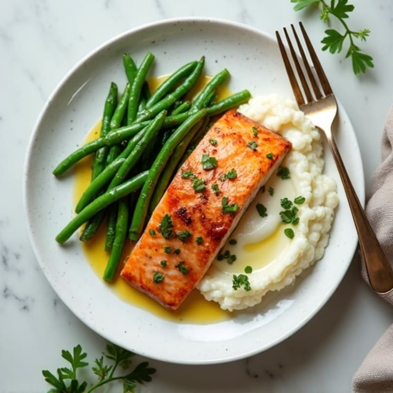 Seared Salmon with Garlic Green Beans and Cauliflower Mash