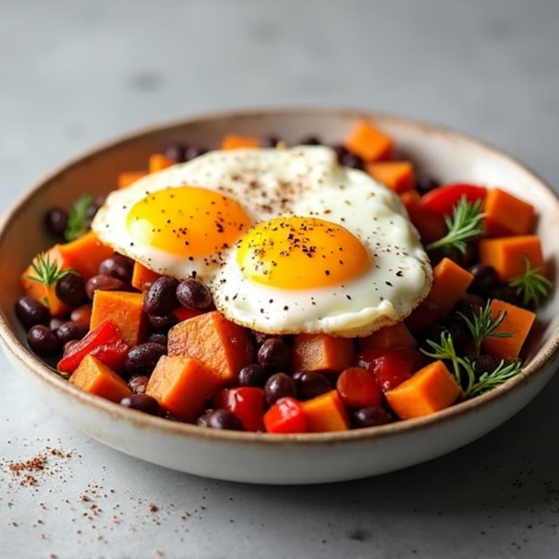 Spicy Black Bean Sweet Potato Hash with Eggs