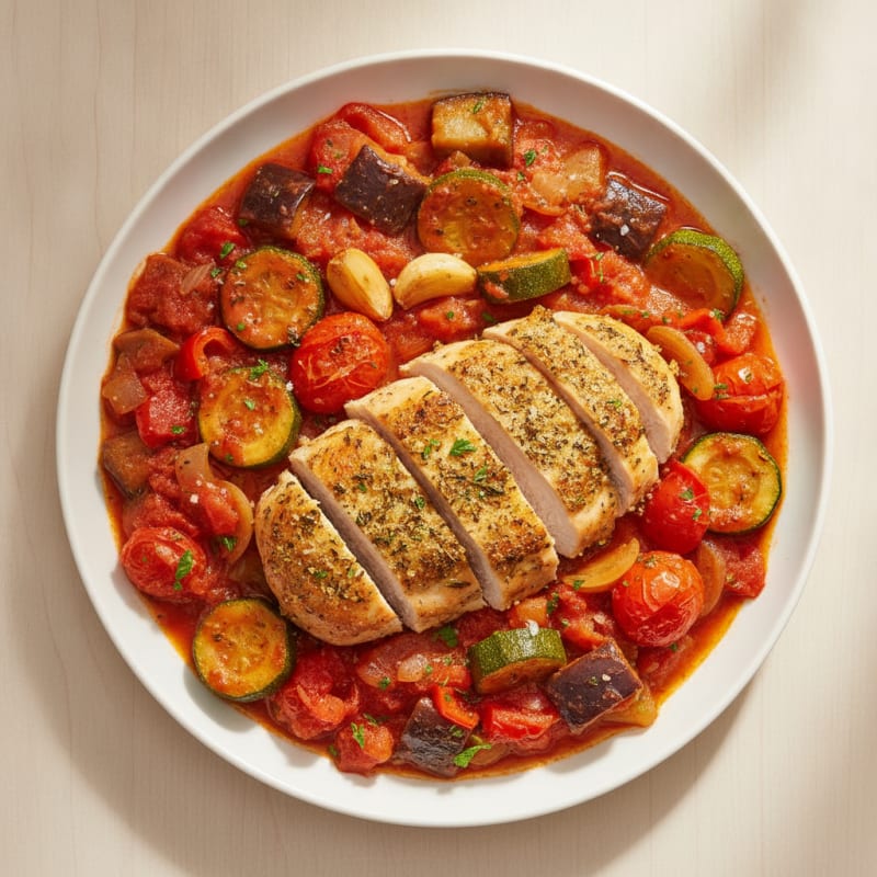 Roasted Vegetable Provencal Ratatouille with Herb-Crusted Chicken