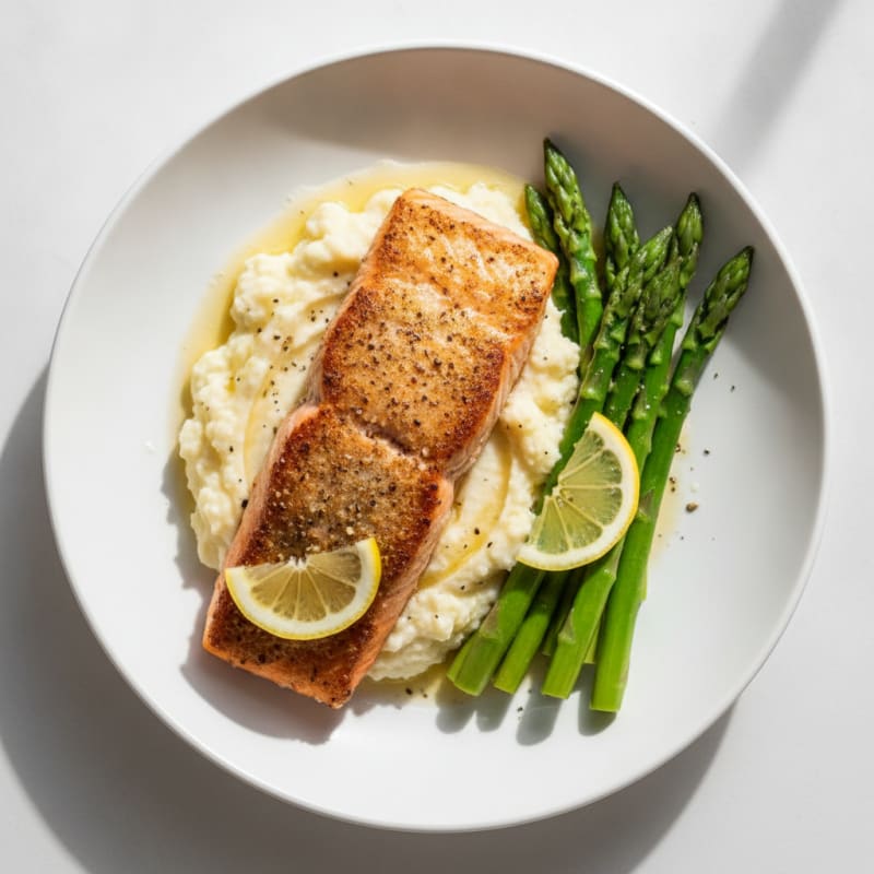 Seared Salmon with Steamed Asparagus and Garlic Mashed Cauliflower