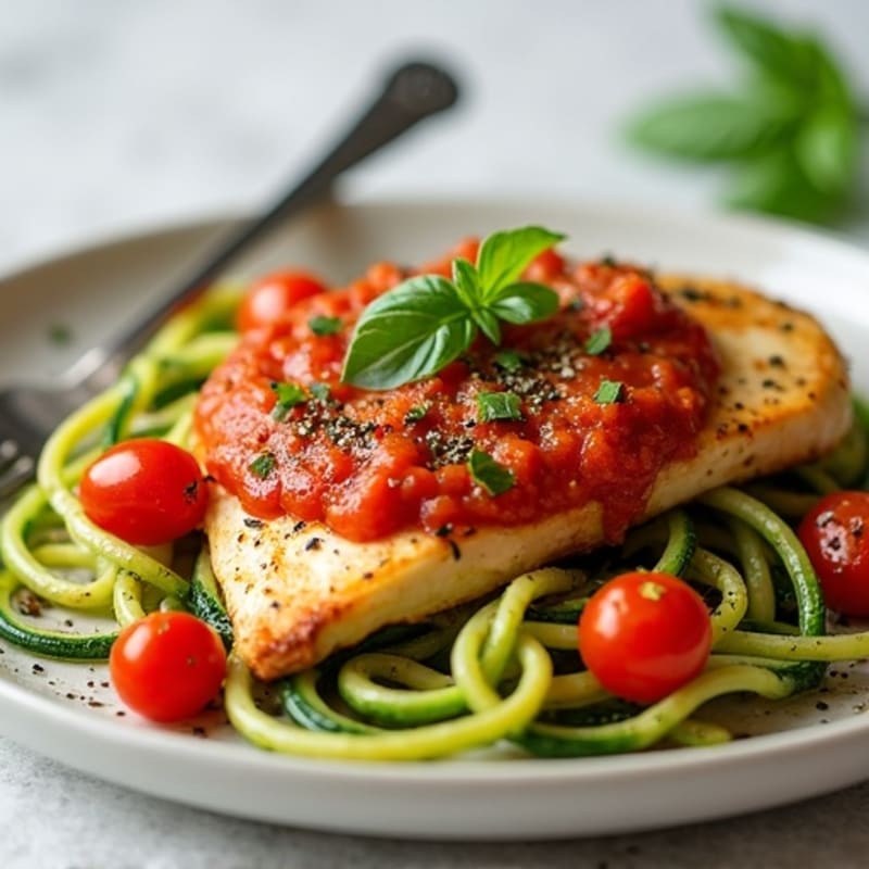 Garlic Herb Chicken with Slow-Cooked Tomato Sauce and Zucchini Noodles