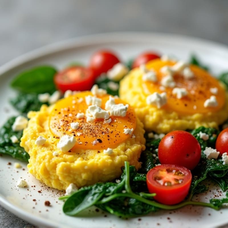 Fluffy Scrambled Eggs with Sautéed Spinach and Cherry Tomatoes