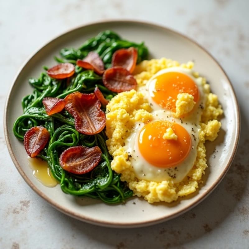 Fluffy Scrambled Eggs with Sautéed Greens and Crispy Turkey Bacon