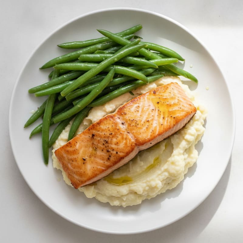 Seared Salmon with Steamed Green Beans and Garlic Mashed Cauliflower