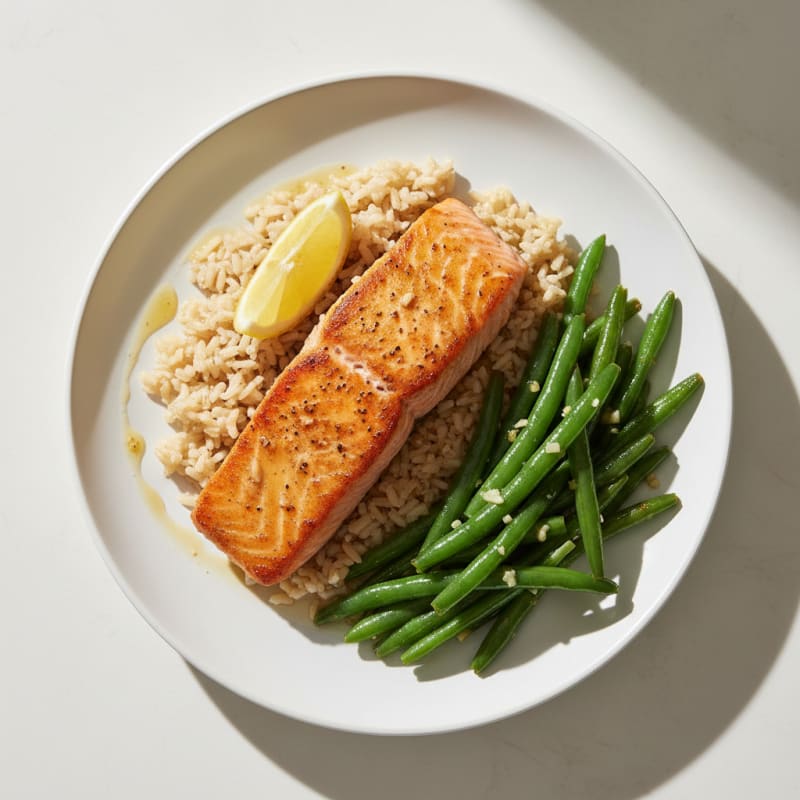Seared Salmon with Garlic Green Beans and Brown Rice