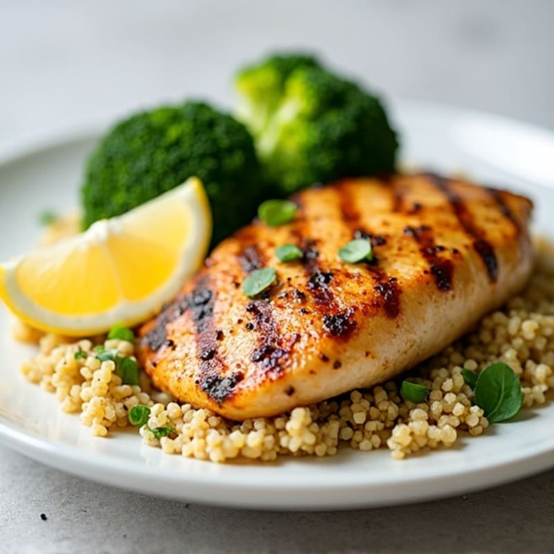 Grilled Lemon Garlic Chicken Breast with Quinoa and Steamed Broccoli