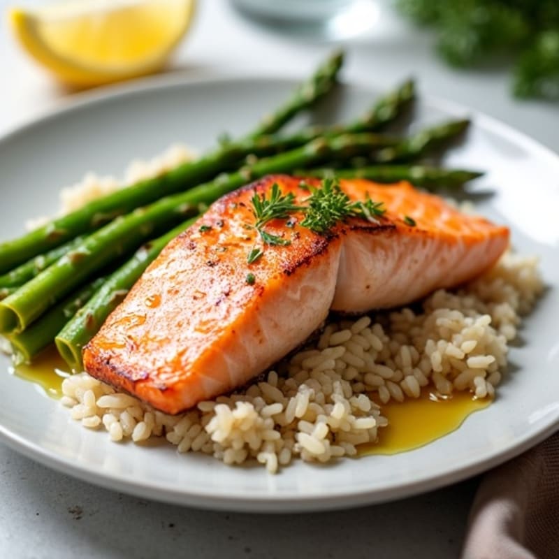 Seared Salmon with Steamed Asparagus and Brown Rice