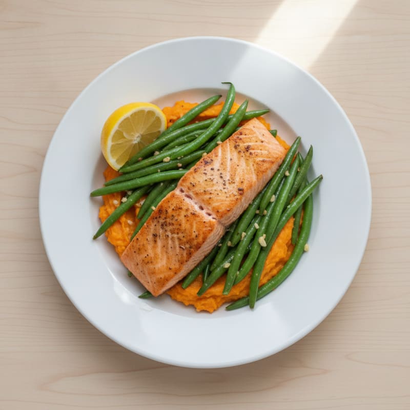 Seared Salmon with Garlic Green Beans and Sweet Potato Mash