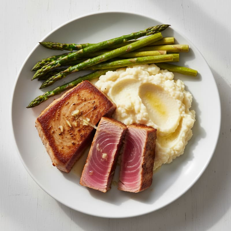 Seared Tuna Steak with Roasted Asparagus and Cauliflower Mash