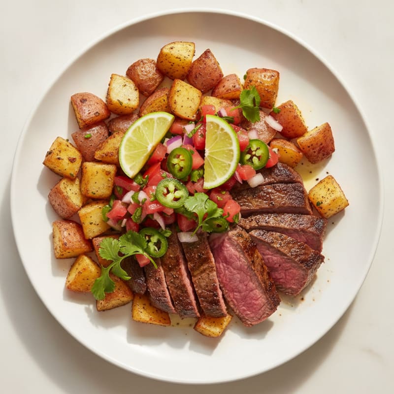 Seared Steak with Roasted Potatoes and Fresh Tomato Salsa