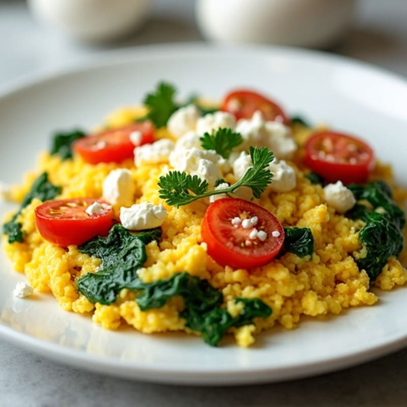 Fluffy Egg Scramble with Fresh Spinach, Tomato, and Crumbled Feta