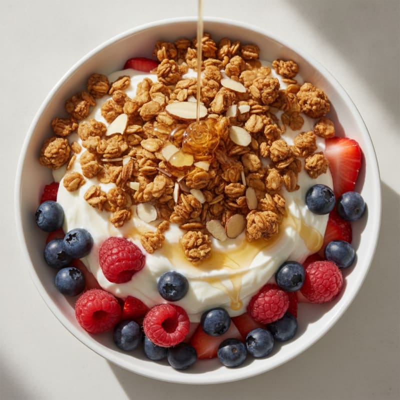 Greek Yogurt Parfait with Crunchy Almond Granola and Fresh Berries