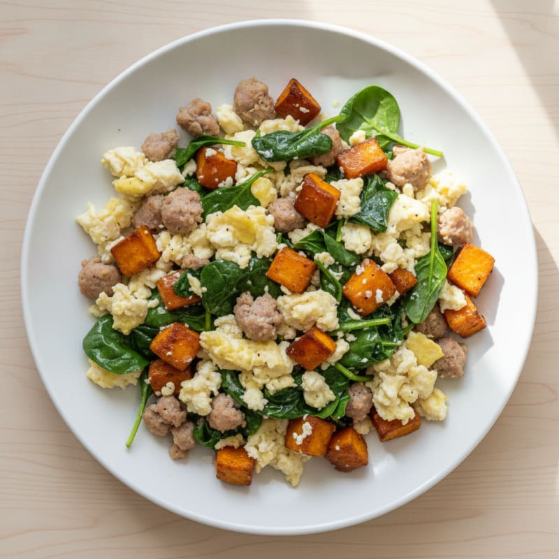 Egg White and Turkey Sausage Scramble with Spinach and Roasted Sweet Potatoes