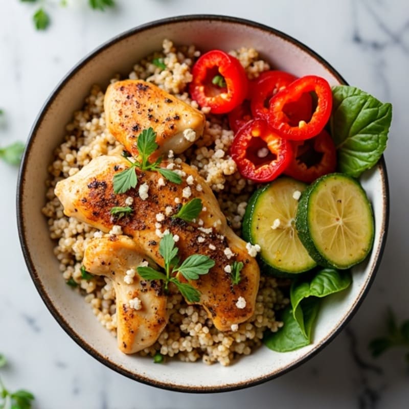 Herb-Marinated Chicken Bowl with Quinoa, Roasted Vegetables, and Bright Pickled Red Onions