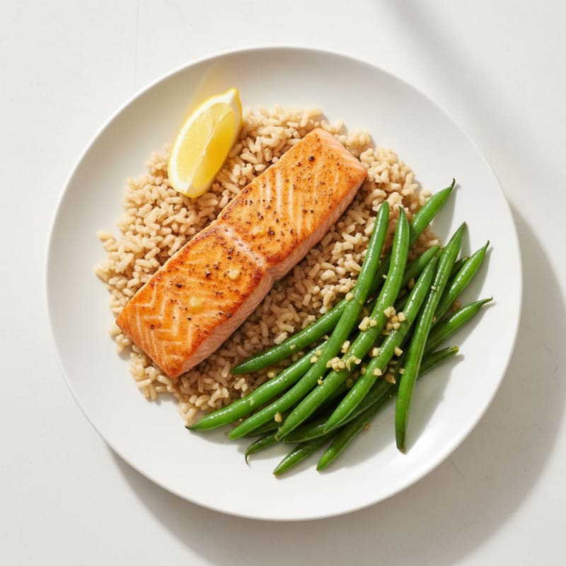 Seared Salmon Fillet with Garlic Green Beans and Brown Rice