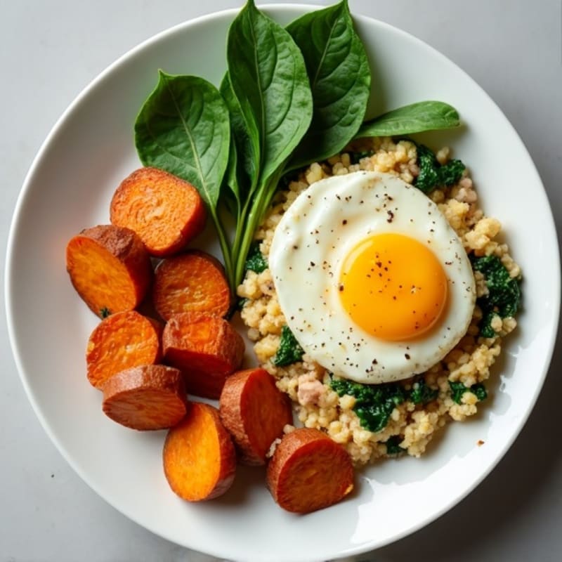 Egg White and Turkey Spinach Scramble with Roasted Sweet Potatoes