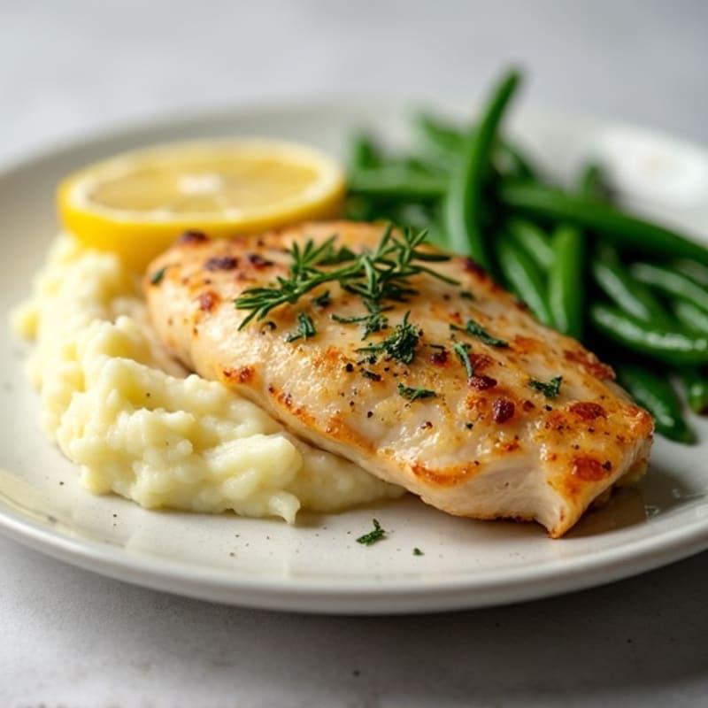 Pan-Seared Lemon Herb Chicken with Creamy Garlic Mashed Potatoes and Roasted Green Beans