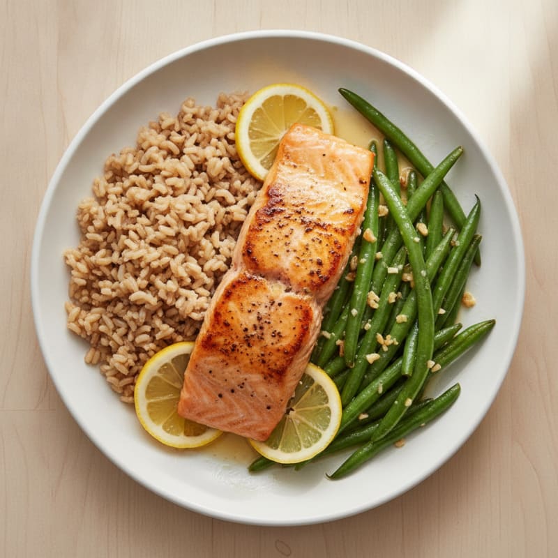 Seared Salmon with Garlic Green Beans and Brown Rice