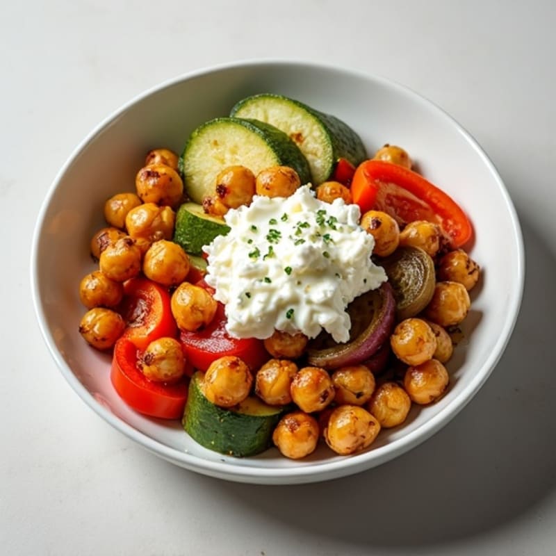 Creamy Cottage Cheese with Herb-Roasted Vegetables and Crispy Chickpeas