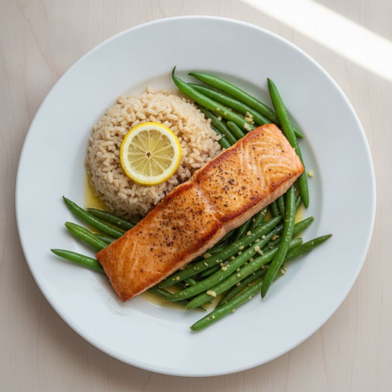 Seared Salmon Fillet with Garlic Green Beans and Brown Rice