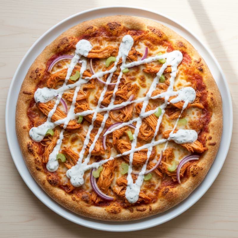 Buffalo Chicken Pizza with Ranch Drizzle
