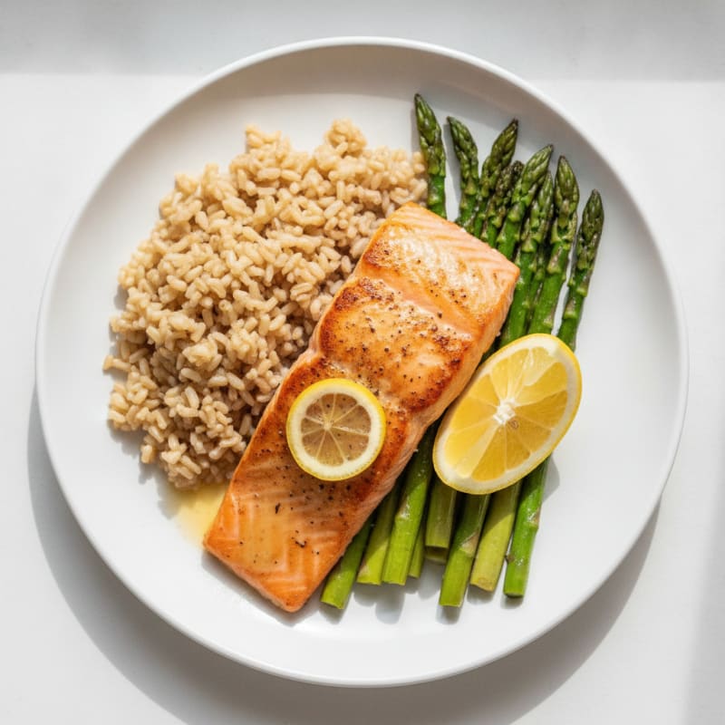 Seared Salmon Filet with Roasted Asparagus and Brown Rice