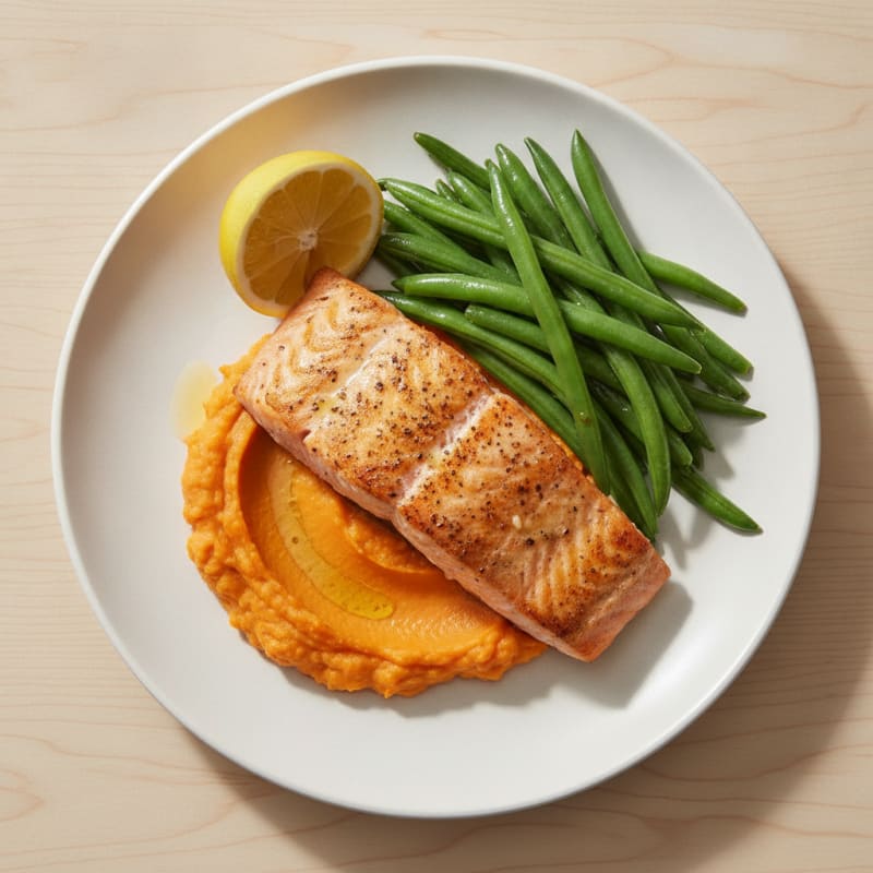 Seared Salmon with Steamed Green Beans and Sweet Potato Mash