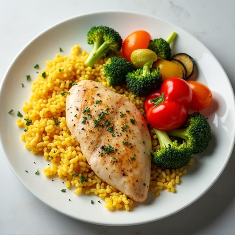 Herb-Seasoned Chicken with Saffron Rice and Roasted Vegetables