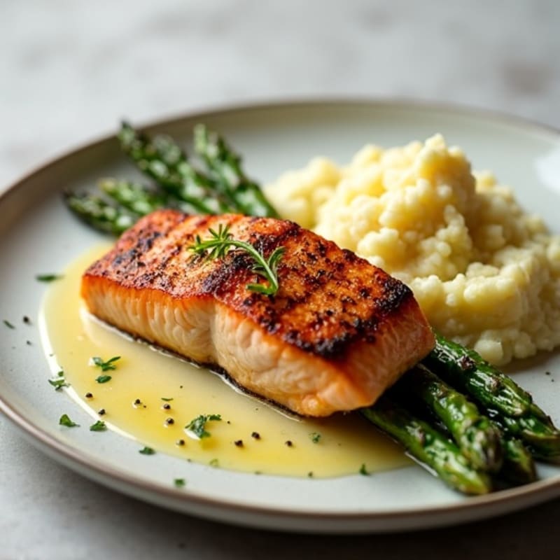 Seared Salmon Fillet with Roasted Asparagus and Garlic Mashed Cauliflower