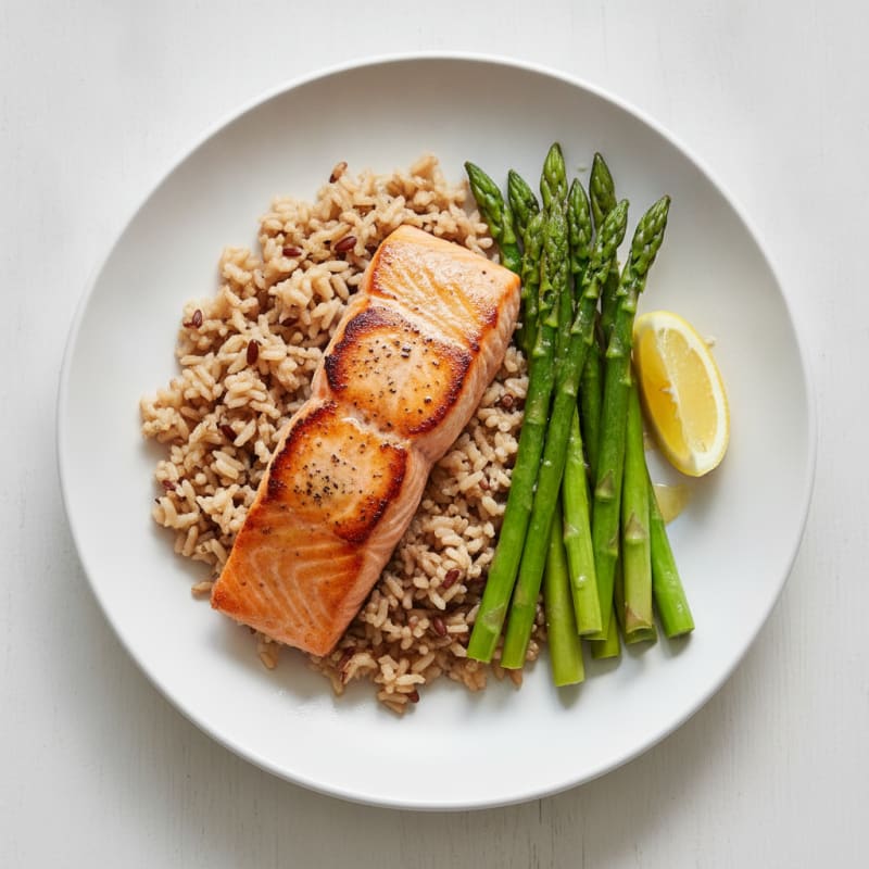 Seared Salmon Fillet with Steamed Asparagus and Brown Rice