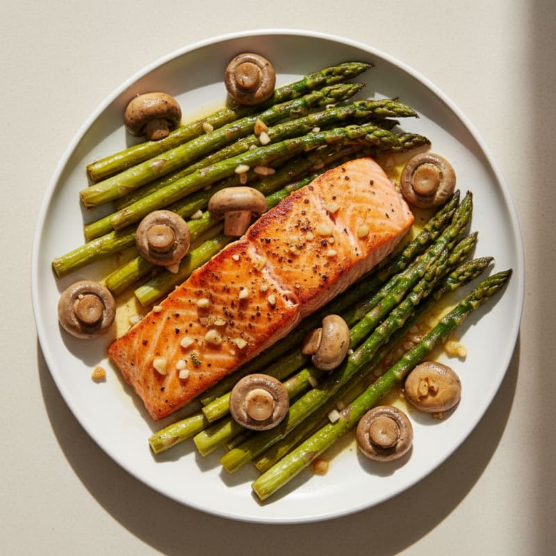 Seared Salmon with Roasted Asparagus and Garlic Mushrooms