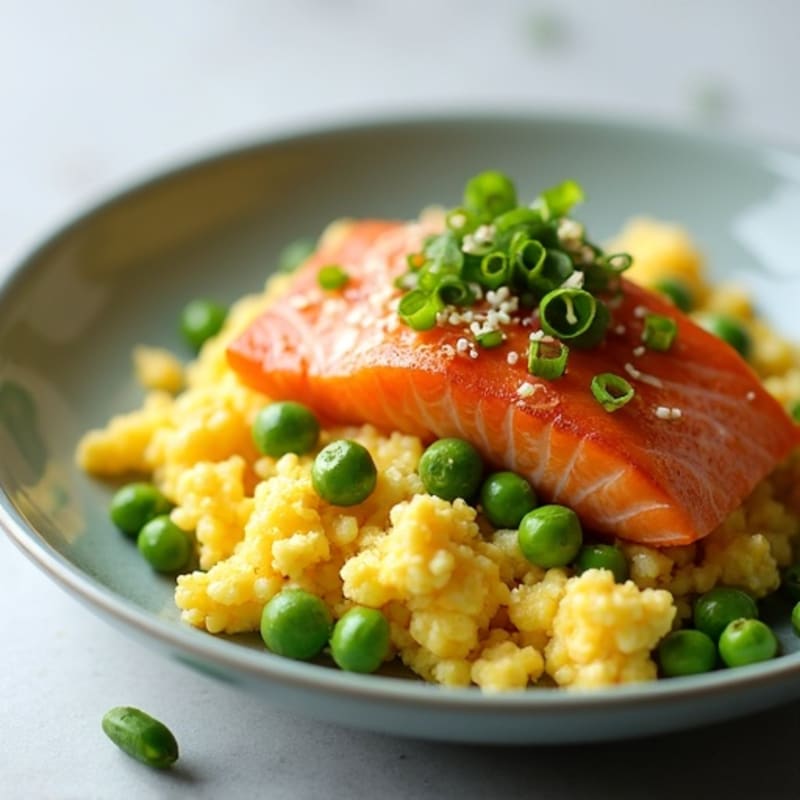 Silky Scrambled Eggs with Edamame and Seared Salmon