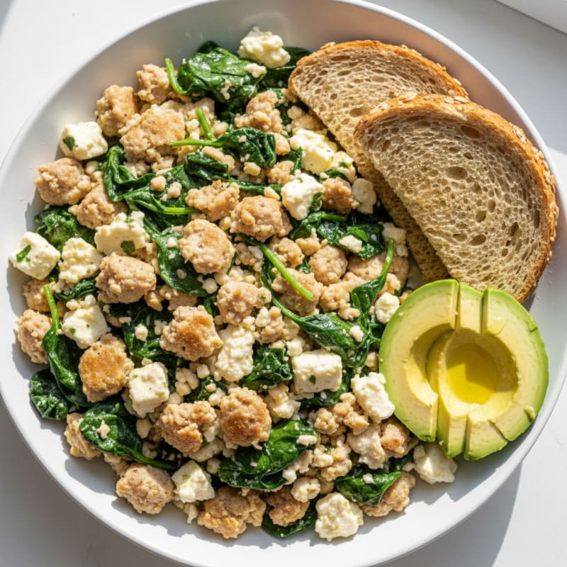 Egg White and Turkey Sausage Scramble with Spinach and Feta