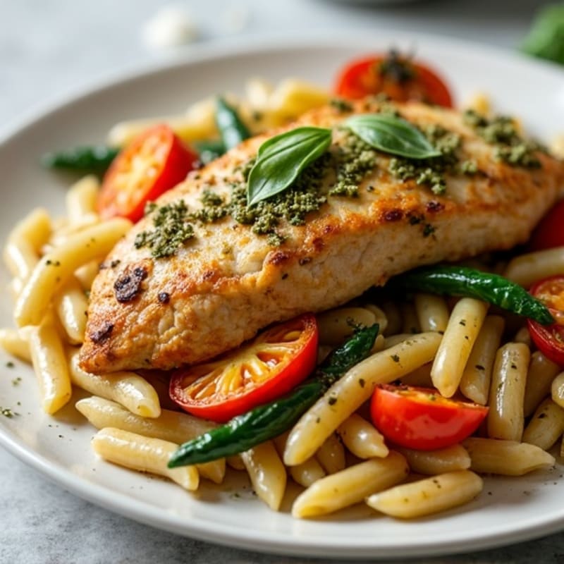 Chicken Pesto Whole Wheat Pasta with Roasted Vegetables