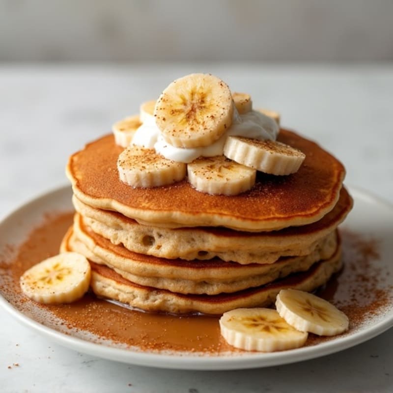 Fluffy Whole Grain Banana Pancakes with Warm Cinnamon-Spiced Bananas