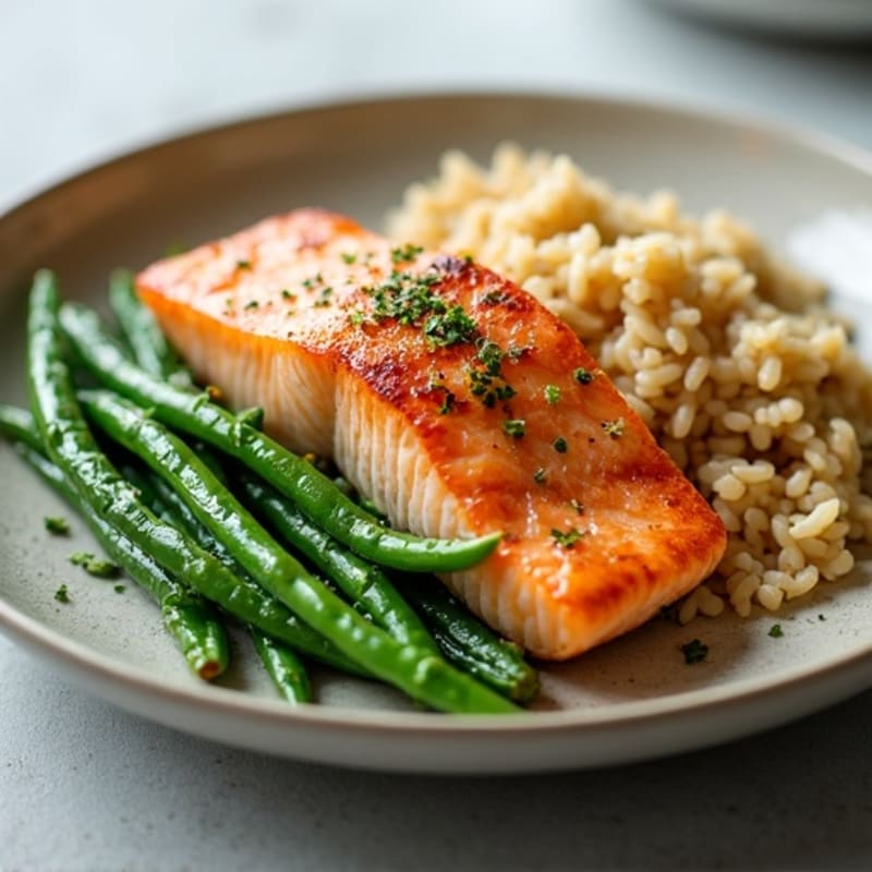Seared Salmon with Garlic Green Beans and Brown Rice