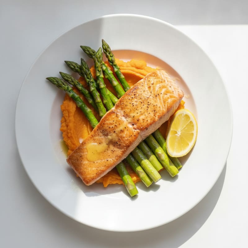 Seared Salmon with Roasted Asparagus and Sweet Potato Mash