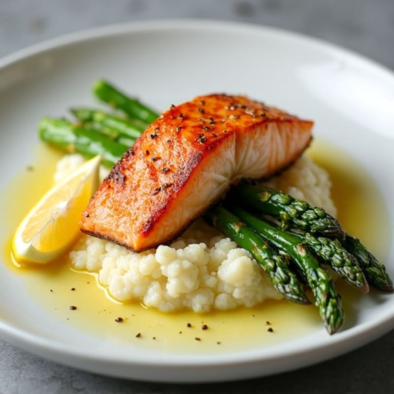 Seared Salmon with Steamed Asparagus and Cauliflower Mash