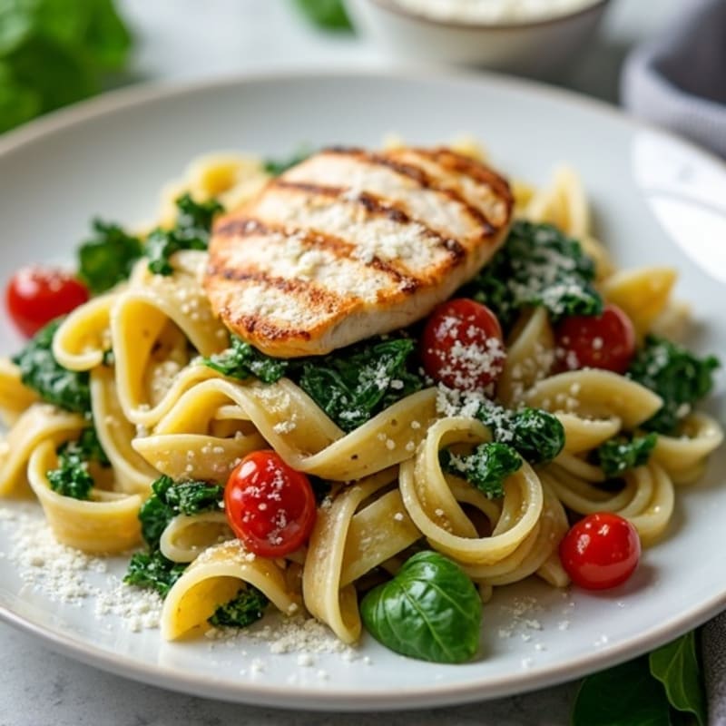 Creamy Pesto Spinach Pasta with Sun-Dried Tomatoes and Grilled Chicken