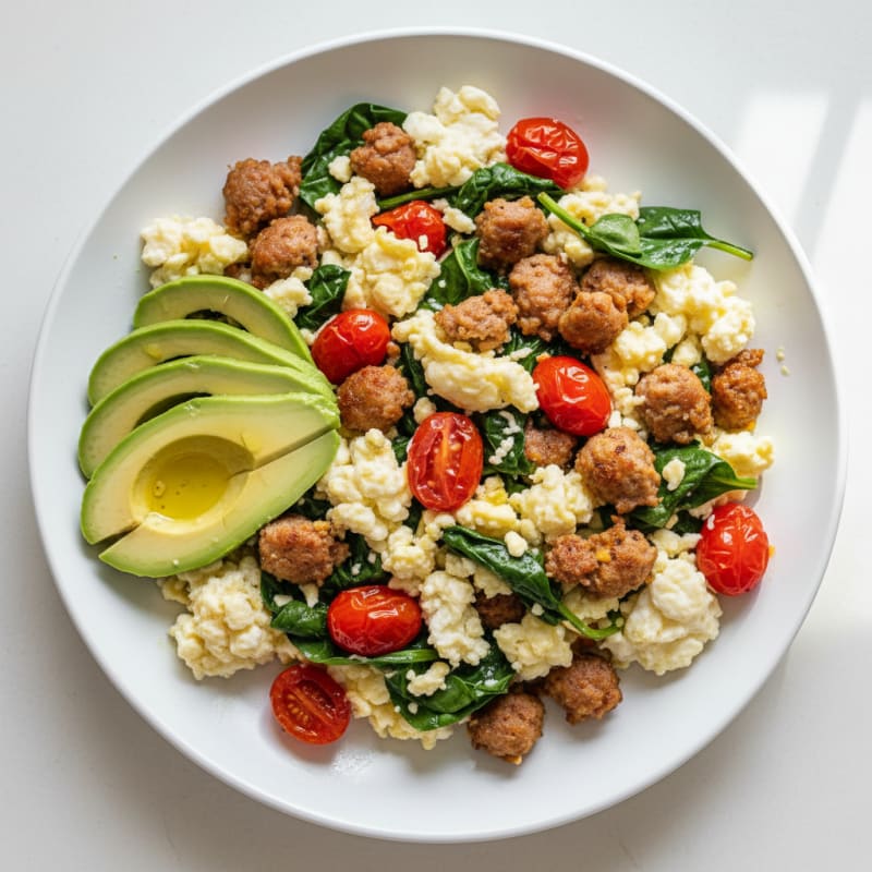 Egg White and Turkey Sausage Scramble with Spinach and Tomatoes