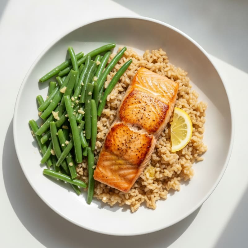 Seared Salmon with Garlic Green Beans and Brown Rice