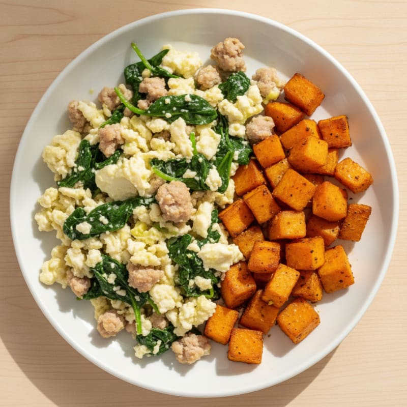 Egg White and Turkey Sausage Scramble with Spinach and Roasted Sweet Potato