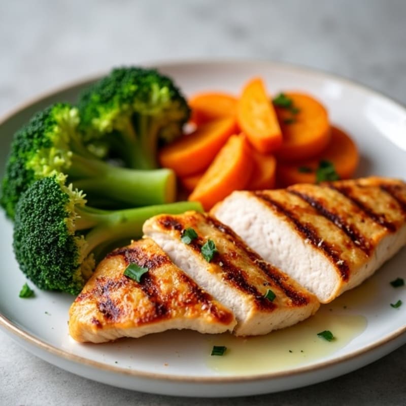 Grilled Chicken Breast with Roasted Sweet Potato and Steamed Broccoli