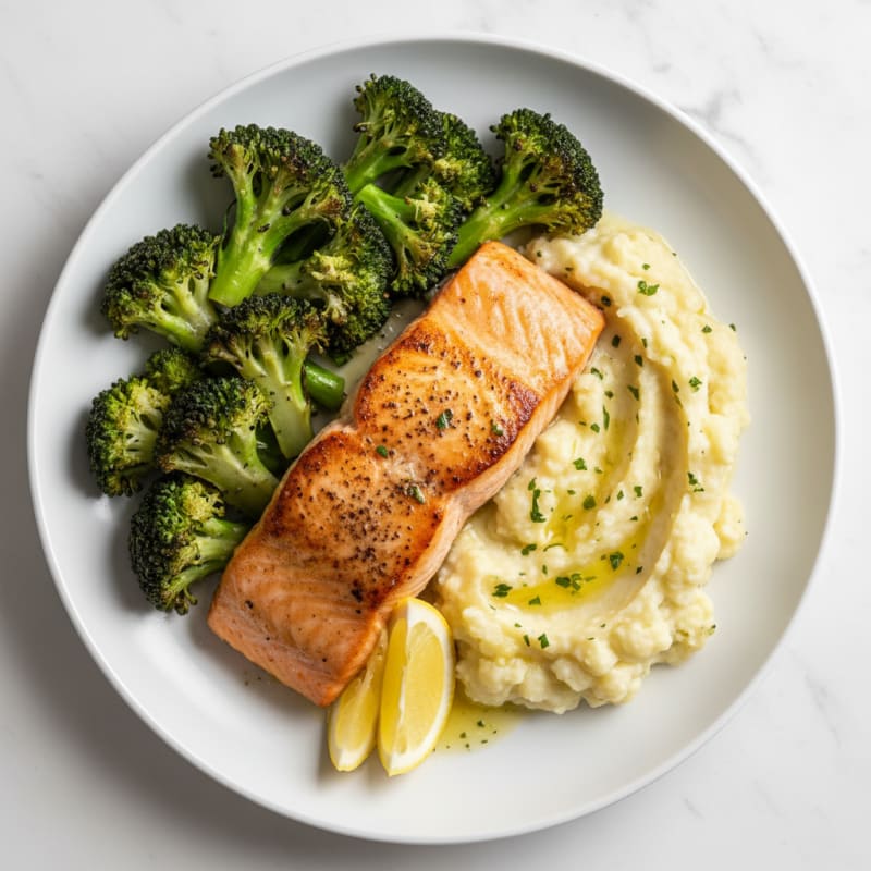 Seared Salmon Fillet with Roasted Broccoli and Garlic Mashed Cauliflower