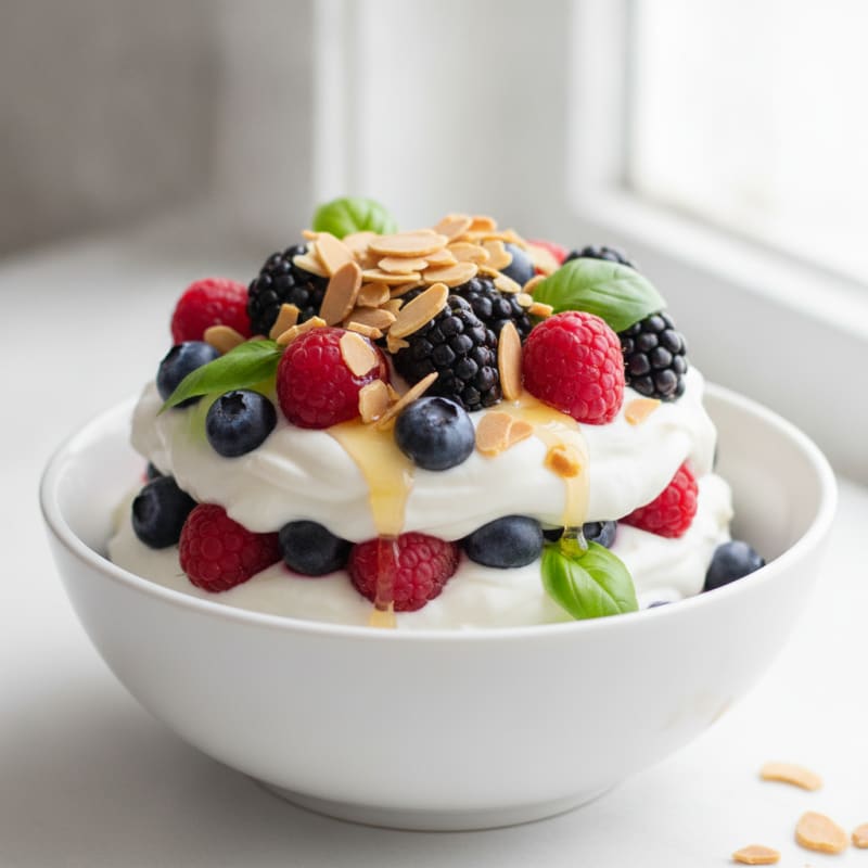 Greek Yogurt Protein Parfait with Mixed Berries and Almonds