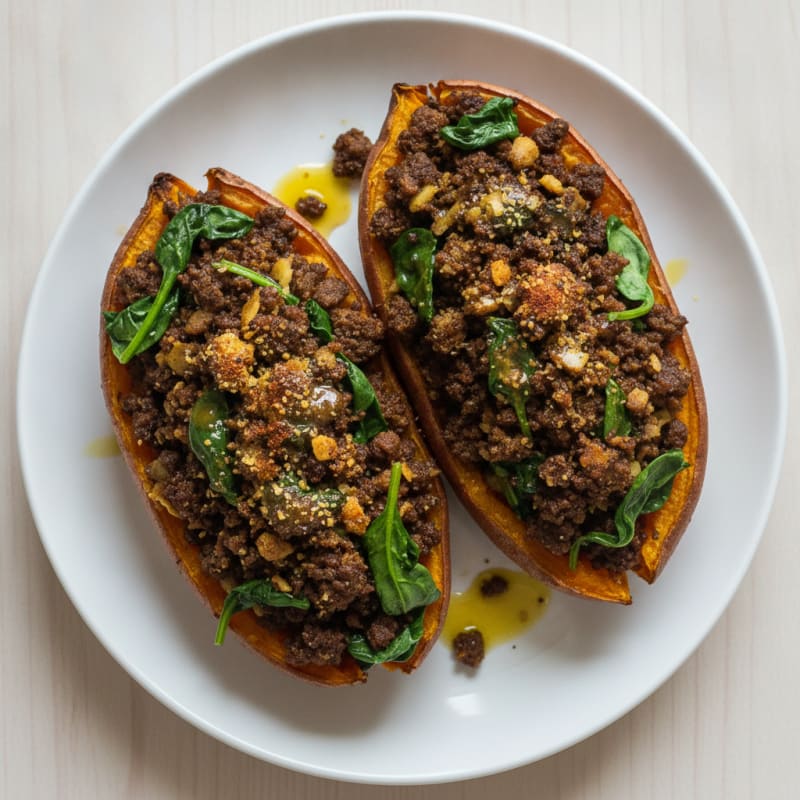 Savory Veggie Mince Stuffed Sweet Potatoes