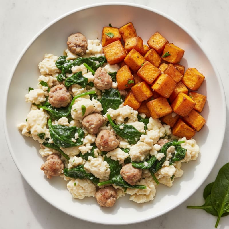 Egg White and Turkey Sausage Scramble with Spinach and Roasted Sweet Potato