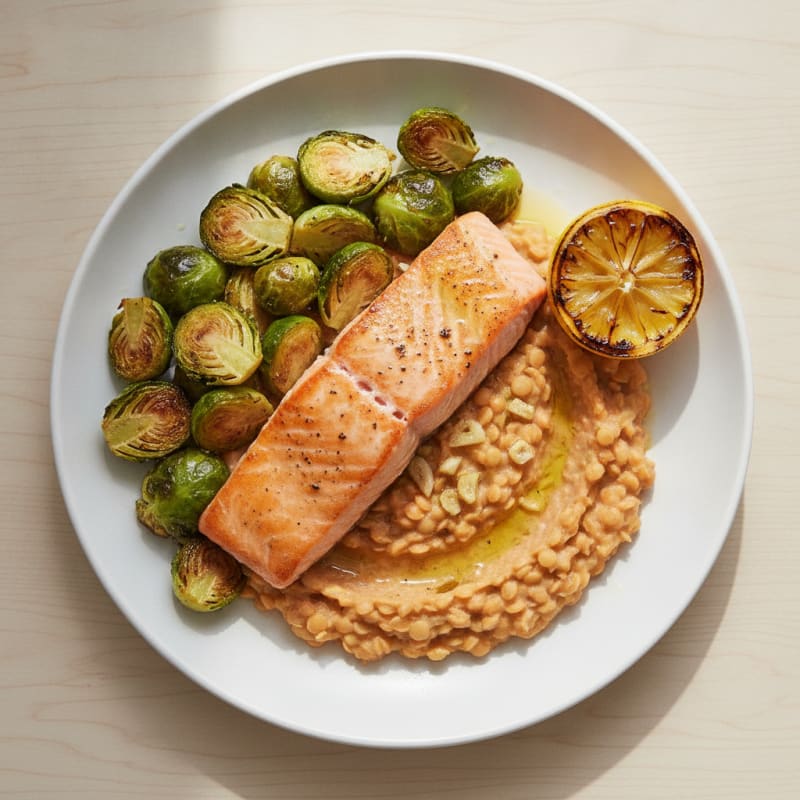 Seared Salmon Fillet with Roasted Brussels Sprouts and Lentil Mash