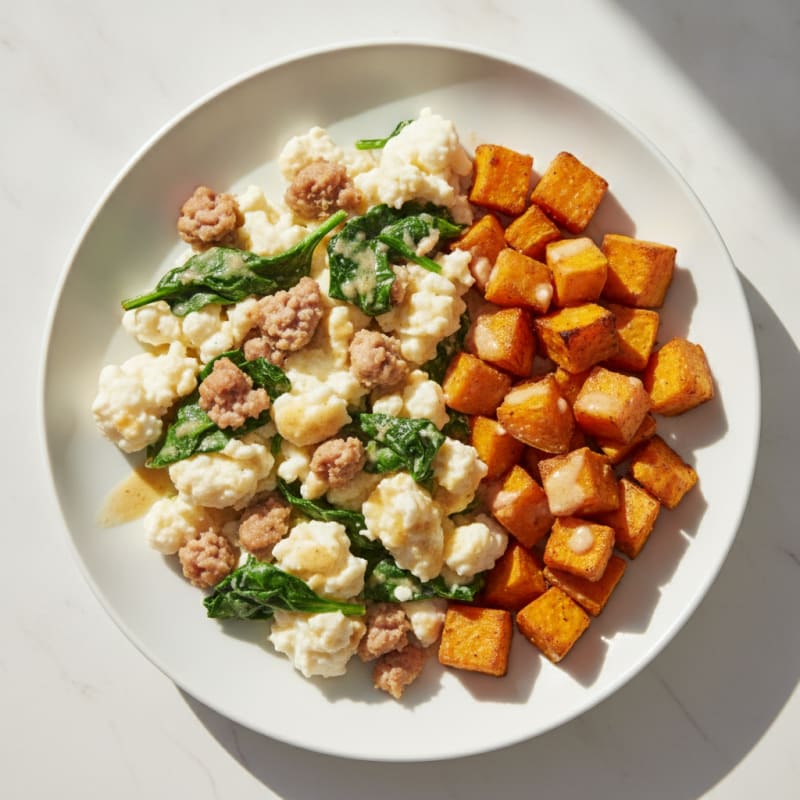 Egg White and Turkey Sausage Scramble with Spinach and Roasted Sweet Potato