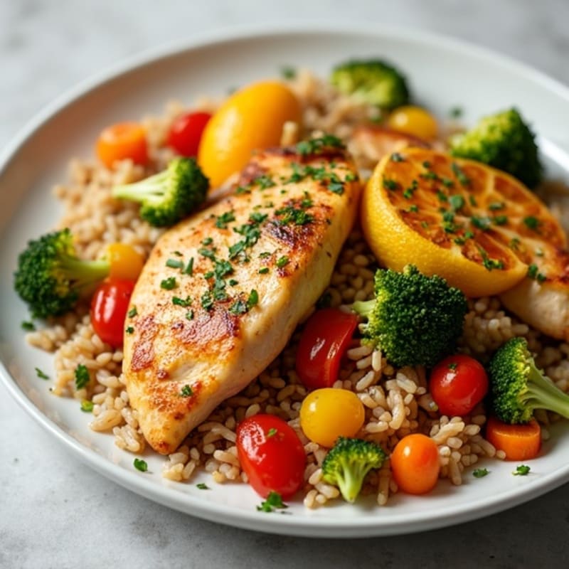 One-Pan Citrus Chicken and Brown Rice with Roasted Vegetables